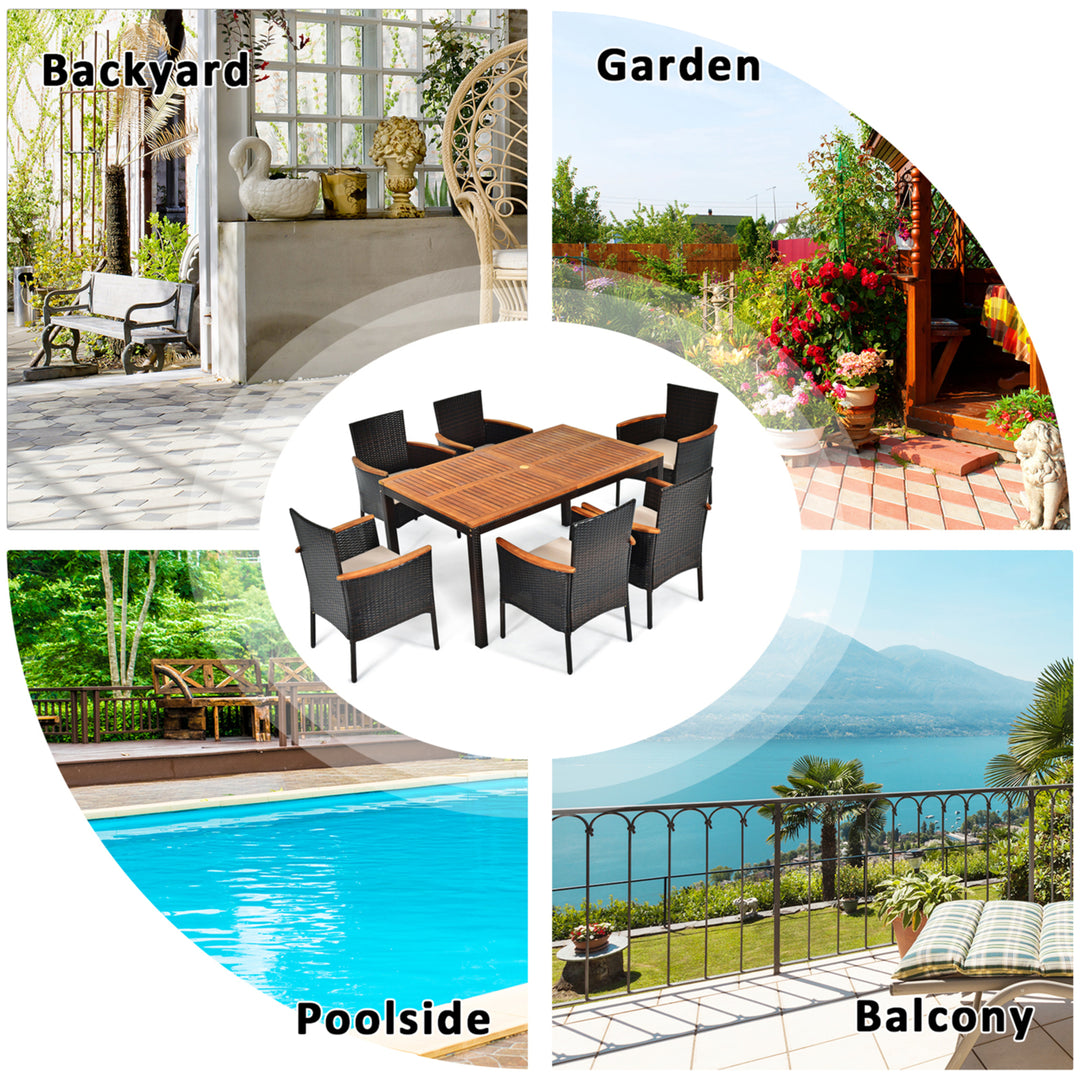 7PCS Rattan Outdoor Dining Set Patio Furniture Set w/ Cushions Umbrella Hole Image 6