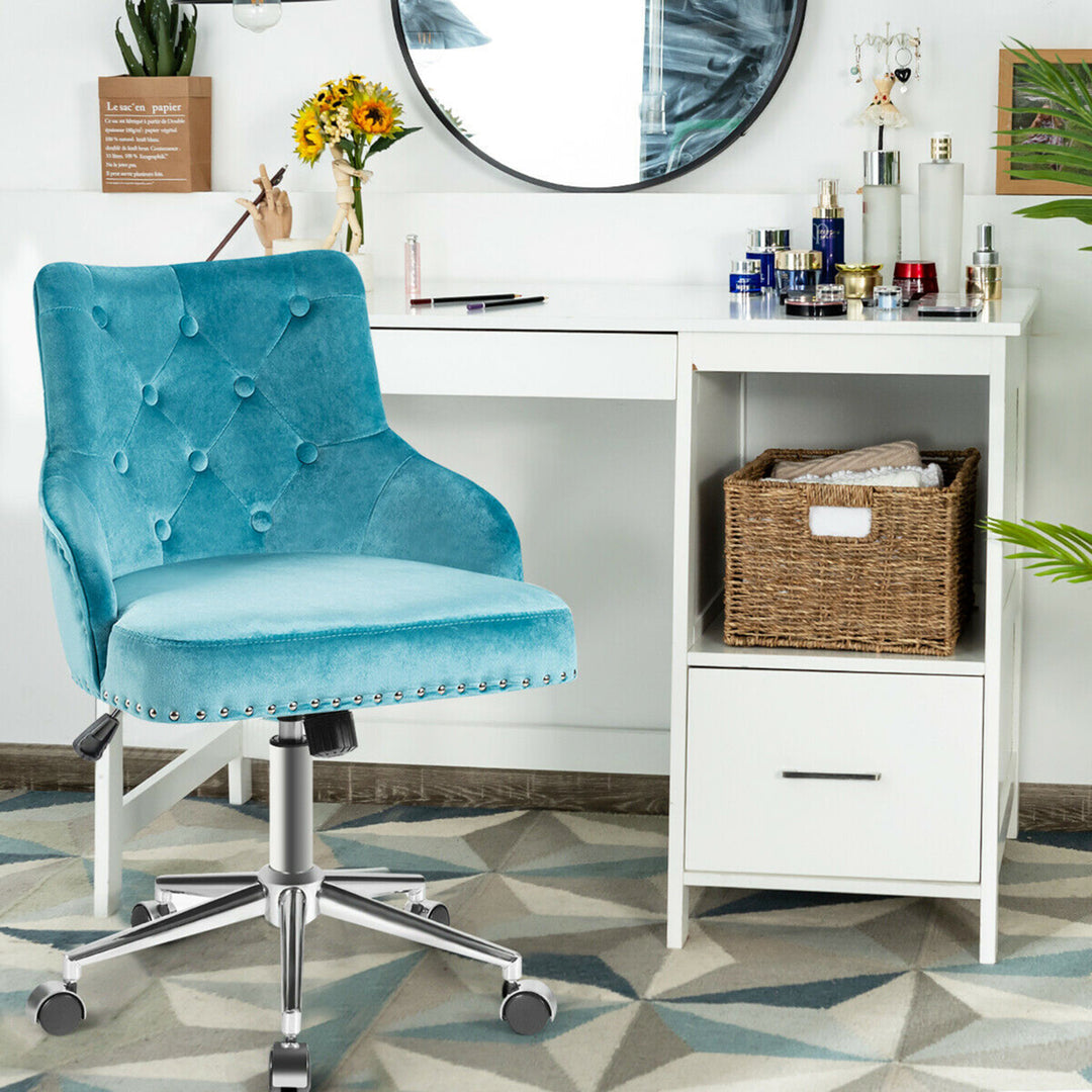 Velvet Office Chair Upholstered Swivel Computer Task Chair Turquoise Image 4