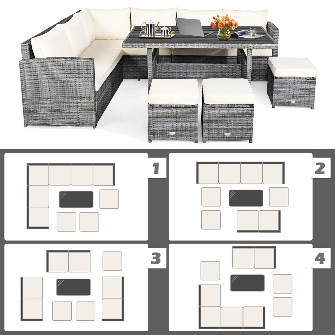 7PCS Rattan Patio Sectional Sofa Set Conversation Set w/ White Cushions Image 6