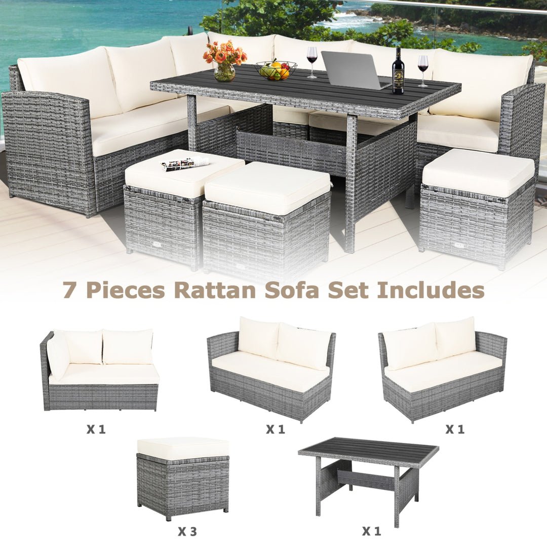 7PCS Rattan Patio Sectional Sofa Set Conversation Set w/ White Cushions Image 7