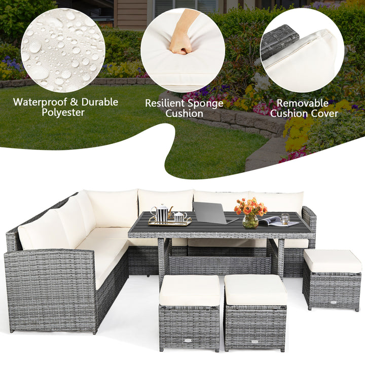 7PCS Rattan Patio Sectional Sofa Set Conversation Set w/ White Cushions Image 8