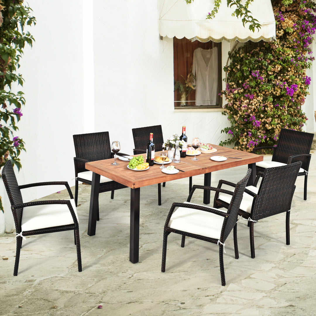 7PCS Patio Rattan Dining Set Wooden Table Top Cushioned Chair Garden Image 1