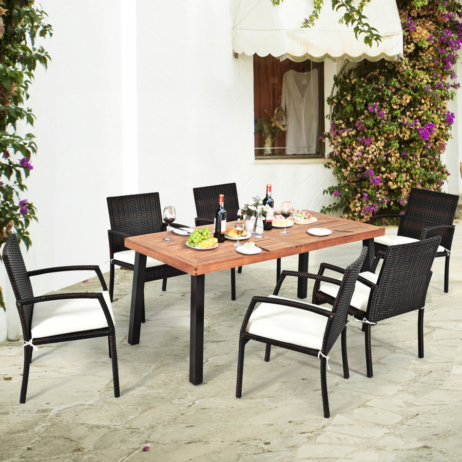 7PCS Patio Rattan Dining Set Wooden Table Top Cushioned Chair Garden Image 1