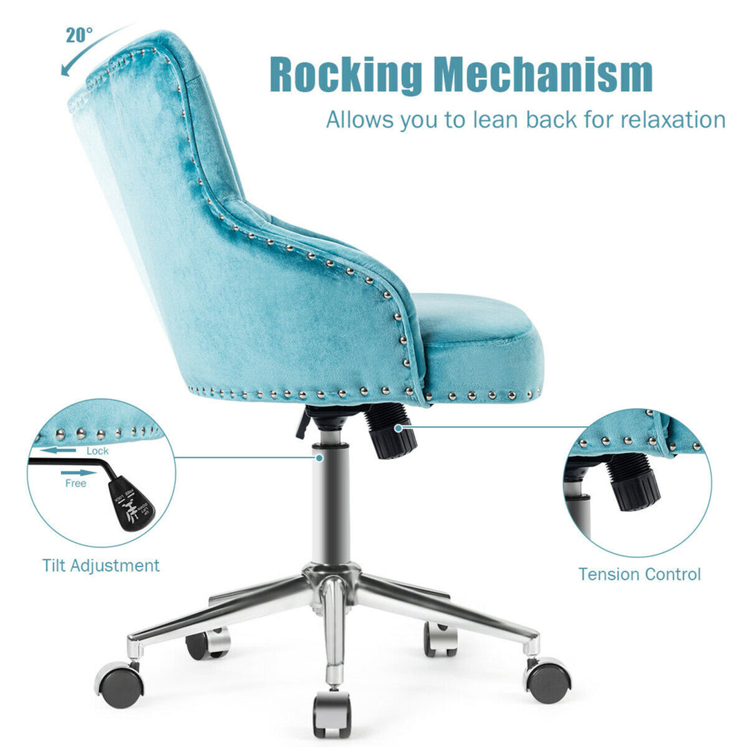 Velvet Office Chair Upholstered Swivel Computer Task Chair Turquoise Image 9