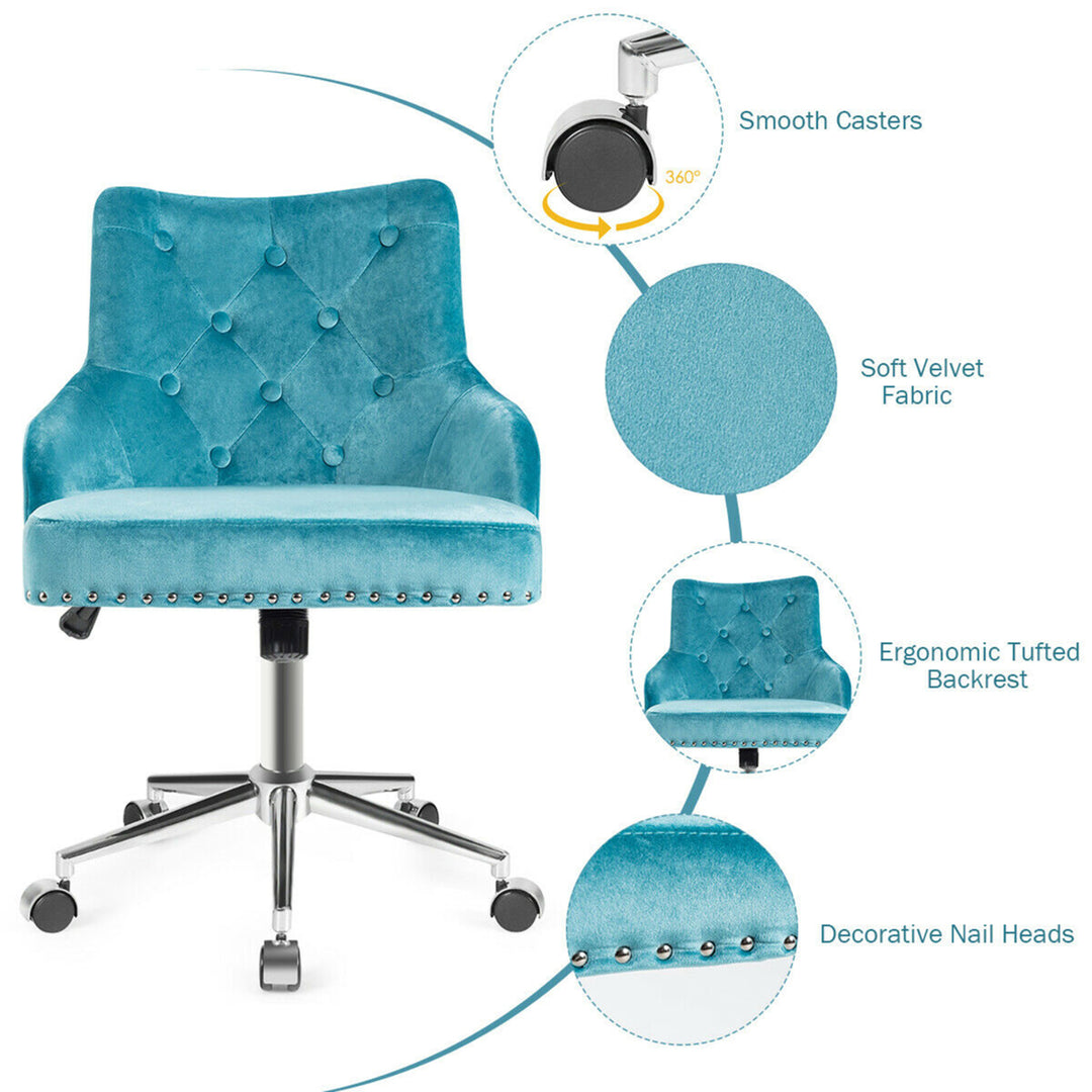 Velvet Office Chair Upholstered Swivel Computer Task Chair Turquoise Image 10