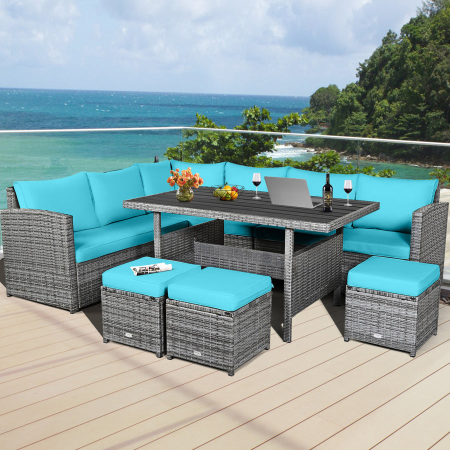 7PCS Rattan Patio Sectional Sofa Set Conversation Set w/ Turquoise Cushions Image 1