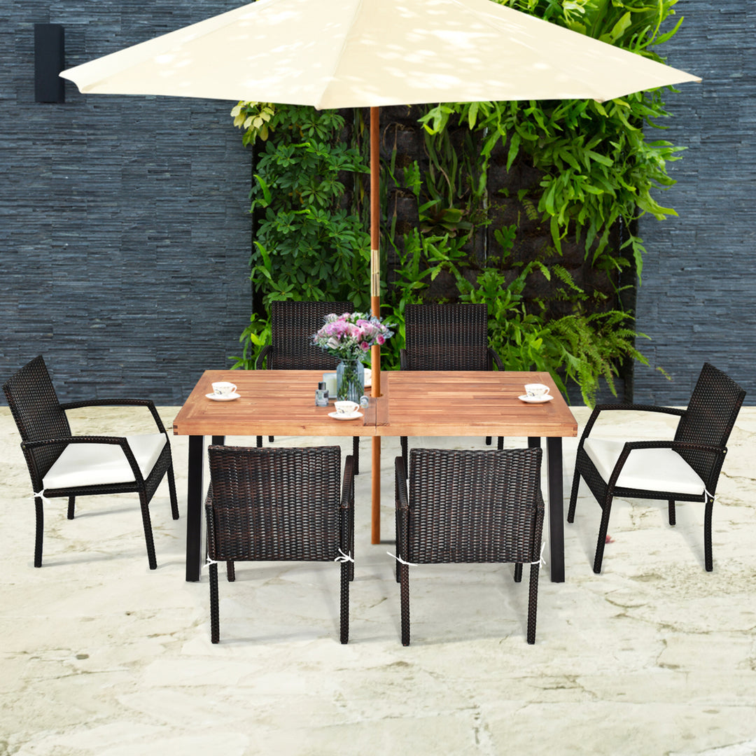 7PCS Patio Rattan Dining Set Wooden Table Top Cushioned Chair Garden Image 3