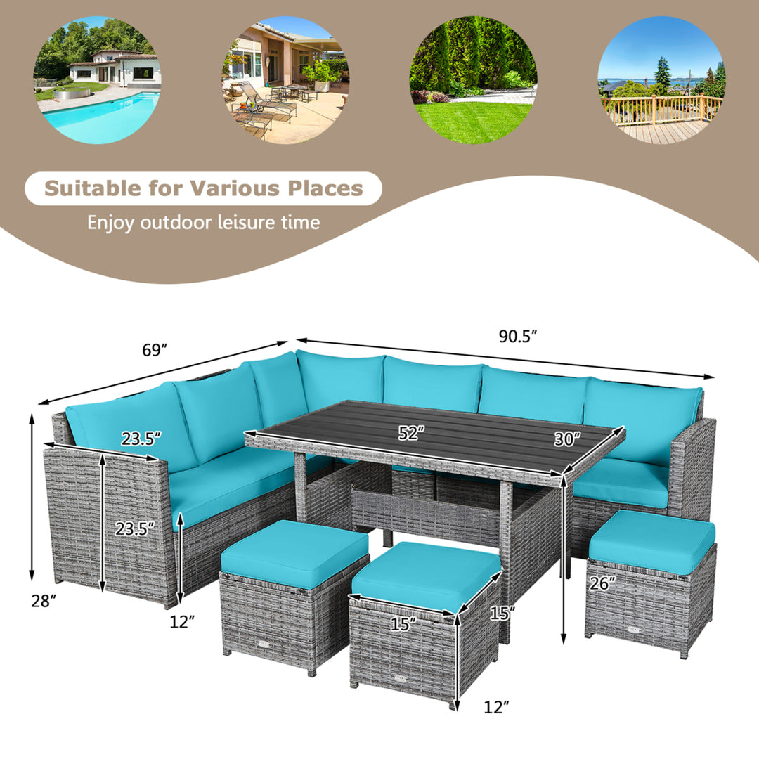 7PCS Rattan Patio Sectional Sofa Set Conversation Set w/ Turquoise Cushions Image 5