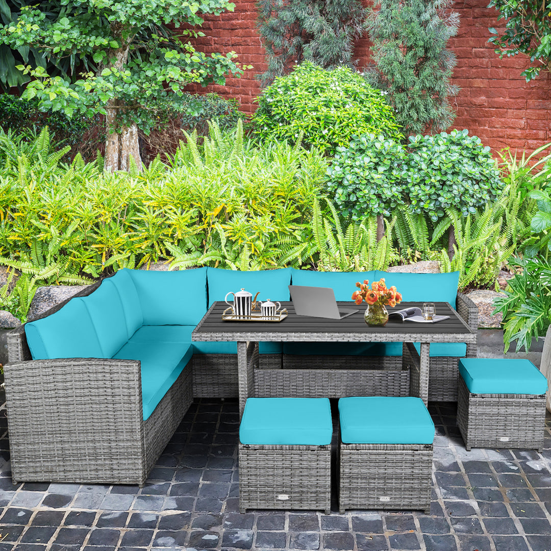 7PCS Rattan Patio Sectional Sofa Set Conversation Set w/ Turquoise Cushions Image 3