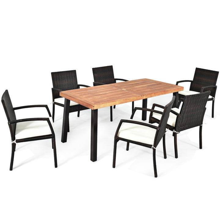 7PCS Patio Rattan Dining Set Wooden Table Top Cushioned Chair Garden Image 5