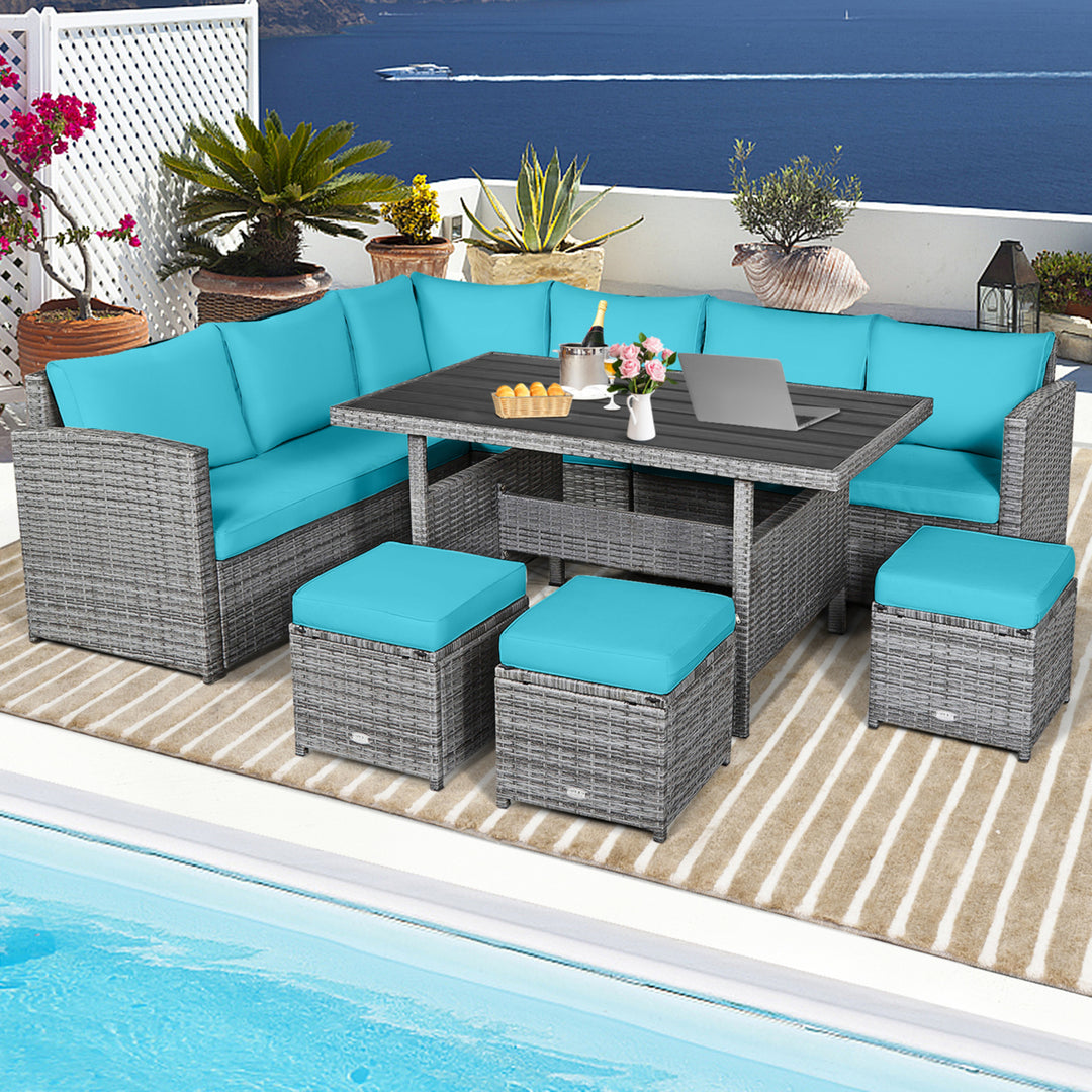 7PCS Rattan Patio Sectional Sofa Set Conversation Set w/ Turquoise Cushions Image 4