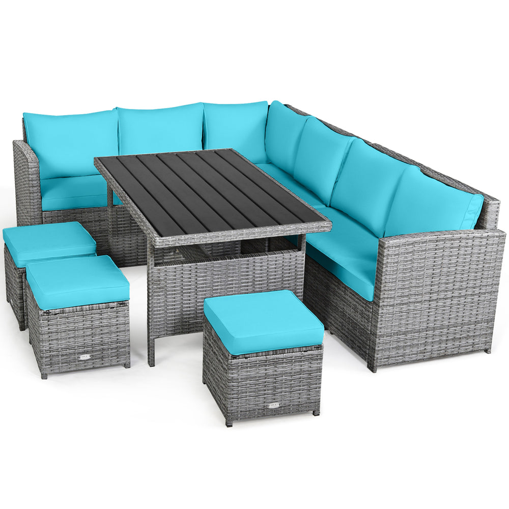 7PCS Rattan Patio Sectional Sofa Set Conversation Set w/ Turquoise Cushions Image 2