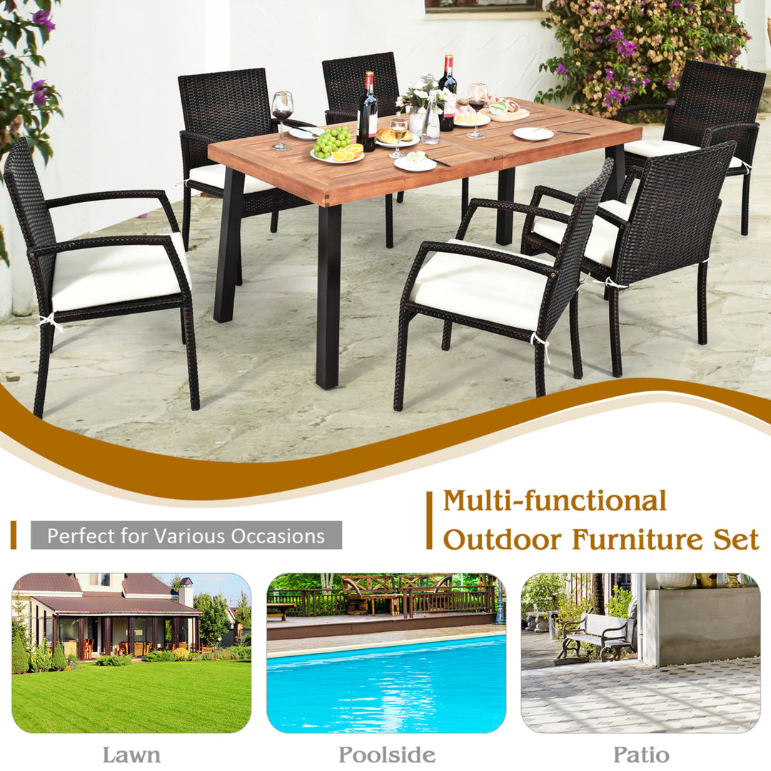 7PCS Patio Rattan Dining Set Wooden Table Top Cushioned Chair Garden Image 7