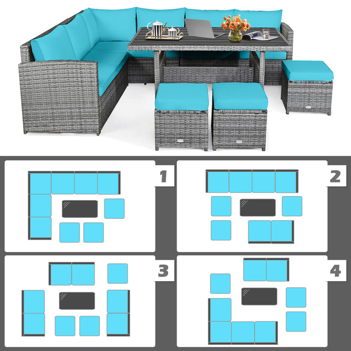 7PCS Rattan Patio Sectional Sofa Set Conversation Set w/ Turquoise Cushions Image 6