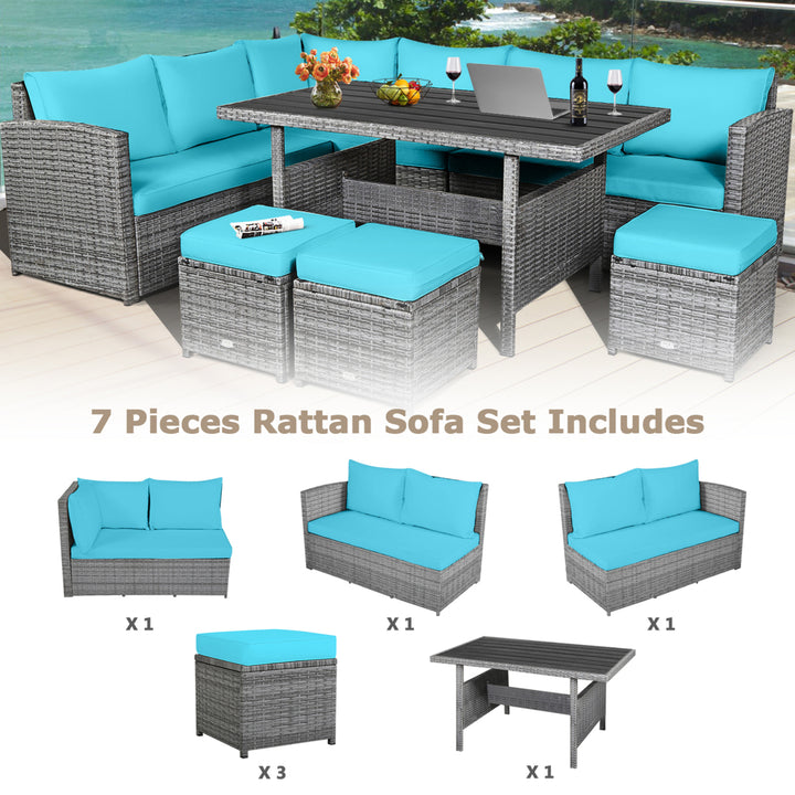 7PCS Rattan Patio Sectional Sofa Set Conversation Set w/ Turquoise Cushions Image 7