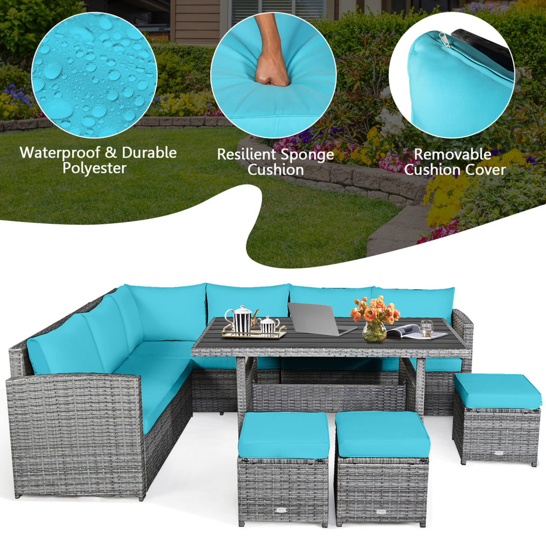 7PCS Rattan Patio Sectional Sofa Set Conversation Set w/ Turquoise Cushions Image 8