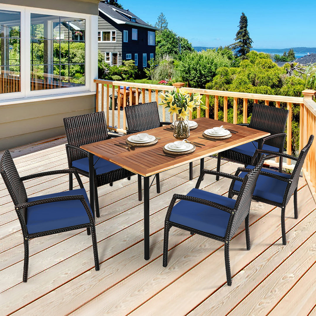 7PCS Patio Dining Furniture Set Yard w/ Wooden Tabletop Navy Cushions Image 1