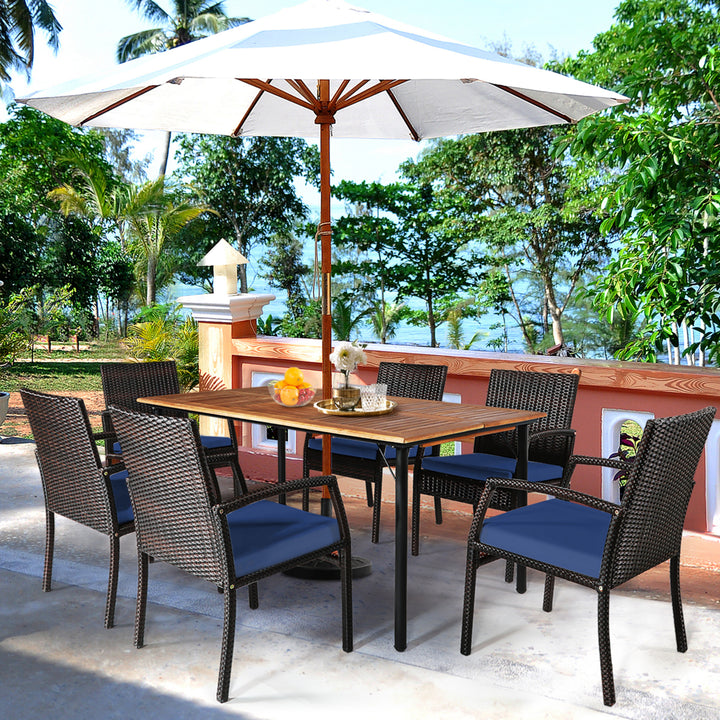 7PCS Patio Dining Furniture Set Yard w/ Wooden Tabletop Navy Cushions Image 3