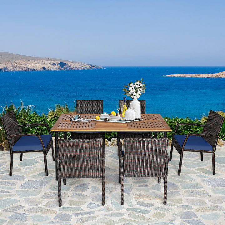 7PCS Patio Dining Furniture Set Yard w/ Wooden Tabletop Navy Cushions Image 4