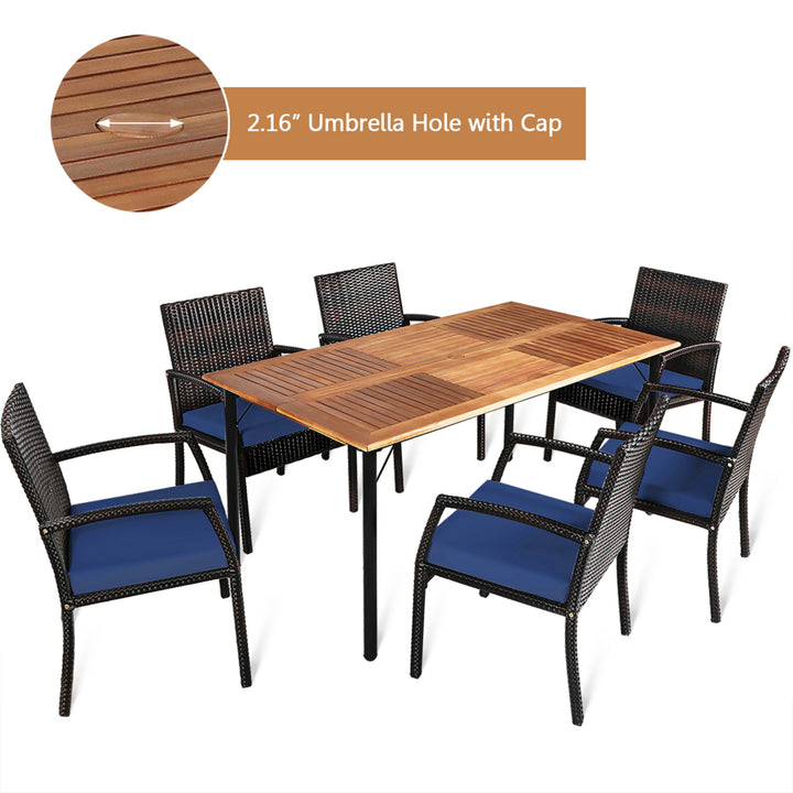 7PCS Patio Dining Furniture Set Yard w/ Wooden Tabletop Navy Cushions Image 5