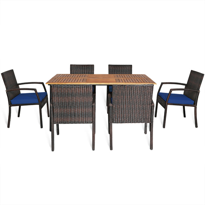 7PCS Patio Dining Furniture Set Yard w/ Wooden Tabletop Navy Cushions Image 6