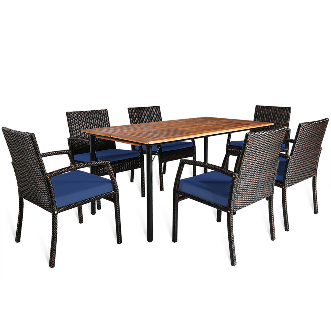 7PCS Patio Dining Furniture Set Yard w/ Wooden Tabletop Navy Cushions Image 7