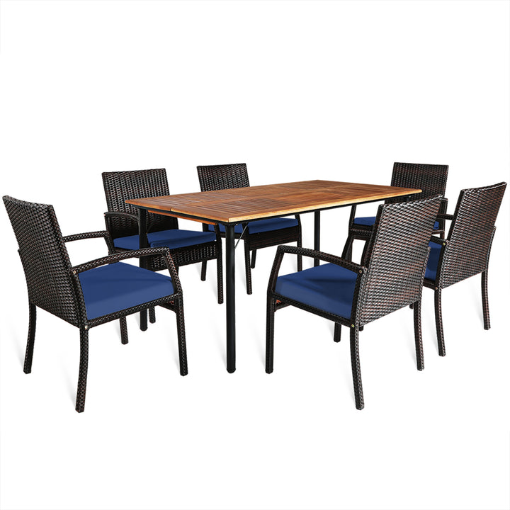 7PCS Patio Dining Furniture Set Yard w/ Wooden Tabletop Navy Cushions Image 7