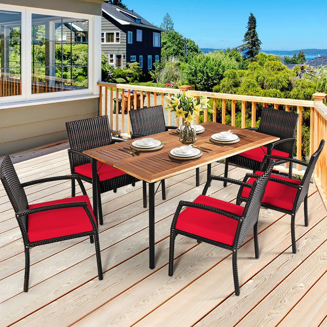 7PCS Patio Dining Furniture Set Yard w/ Wooden Tabletop Red Cushions Image 1