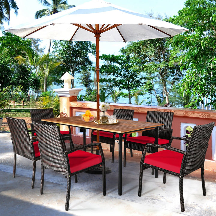 7PCS Patio Dining Furniture Set Yard w/ Wooden Tabletop Red Cushions Image 3