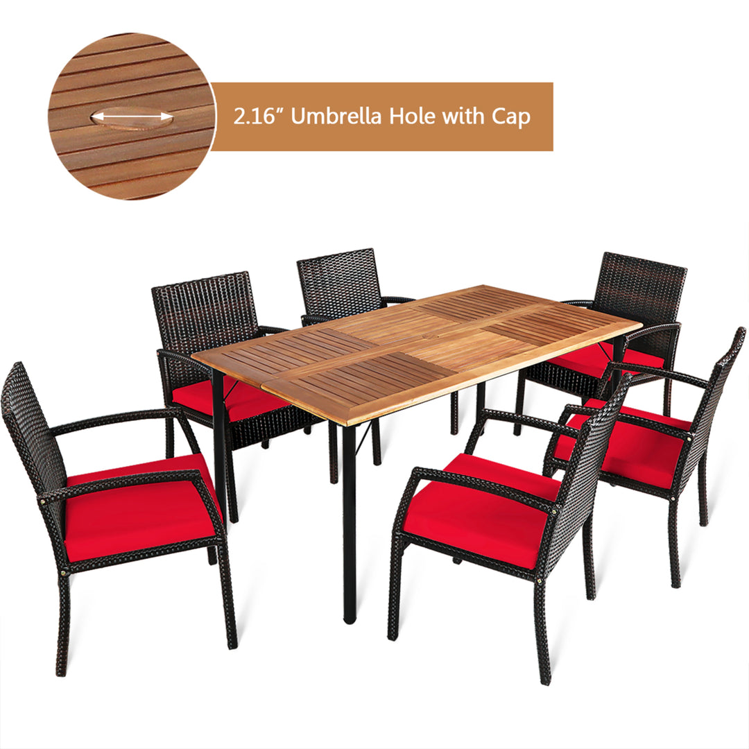 7PCS Patio Dining Furniture Set Yard w/ Wooden Tabletop Red Cushions Image 5