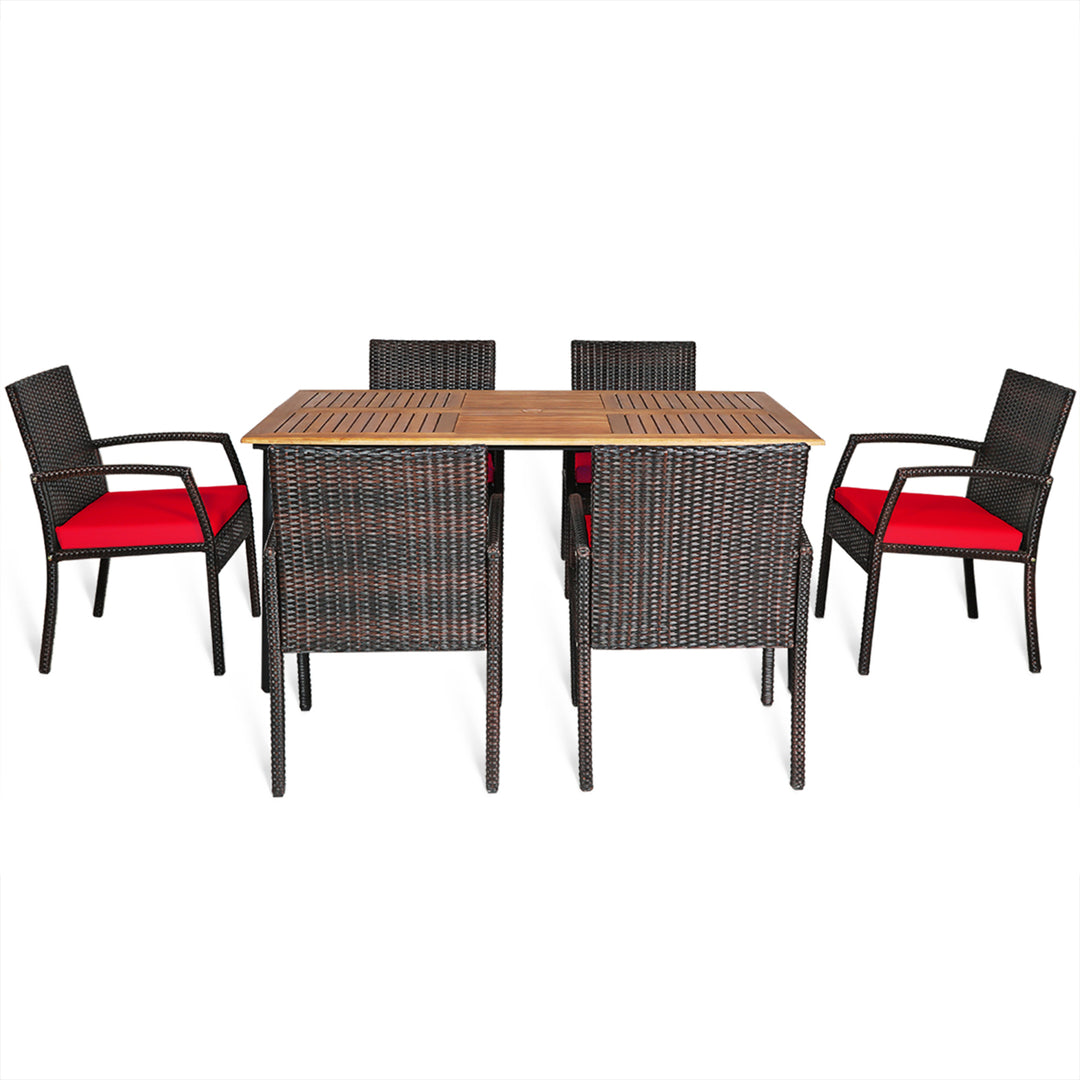 7PCS Patio Dining Furniture Set Yard w/ Wooden Tabletop Red Cushions Image 6