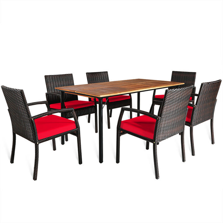 7PCS Patio Dining Furniture Set Yard w/ Wooden Tabletop Red Cushions Image 7