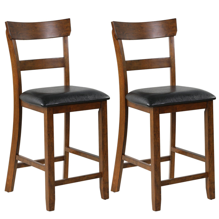 Set of 2 Barstools Counter Height Chairs w/Leather Seat and Rubber Wood Legs Image 1