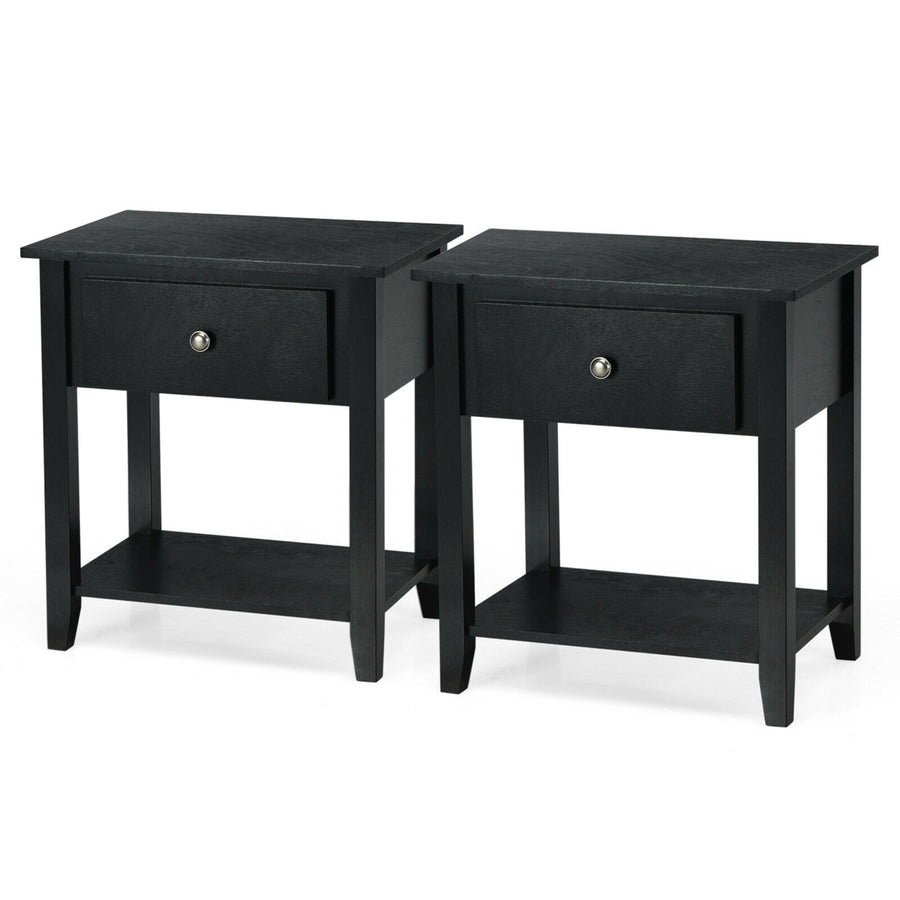 2PCS Nightstand Sofa End Side Table W/ Storage Drawer Bottom Shelf Black Image 1