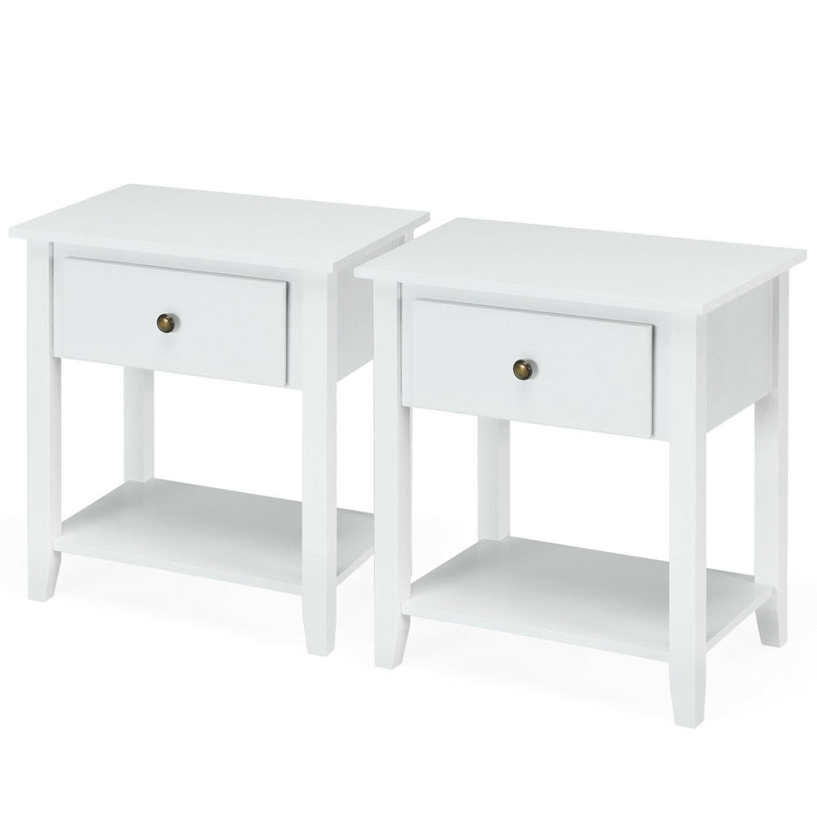 2PCS Nightstand Sofa End Side Table W/ Storage Drawer Bottom Shelf White Image 1