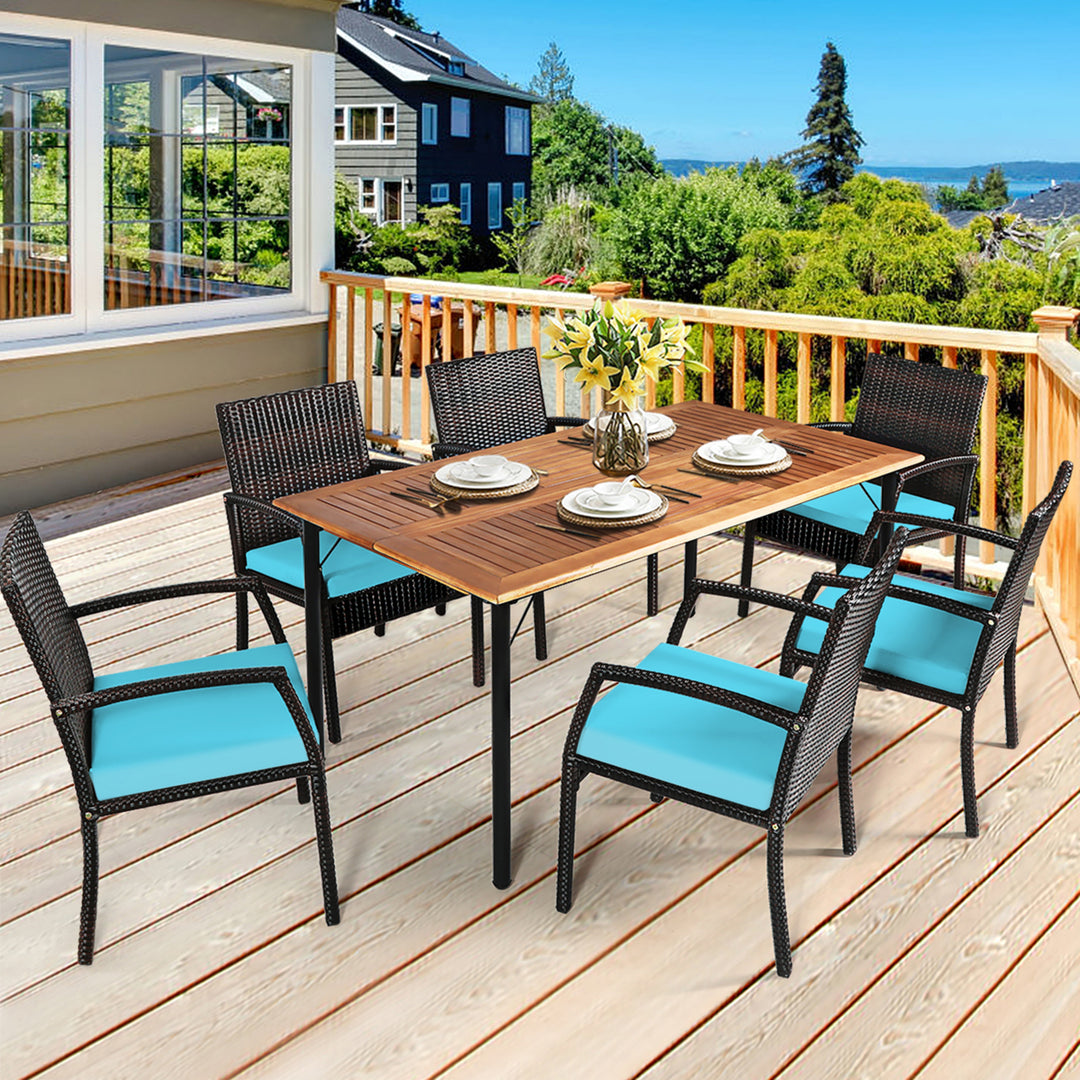 7PCS Patio Dining Furniture Set Yard w/ Wooden Tabletop Turquoise Cushions Image 1