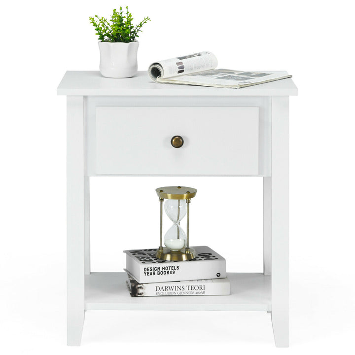 2PCS Nightstand Sofa End Side Table W/ Storage Drawer Bottom Shelf White Image 5