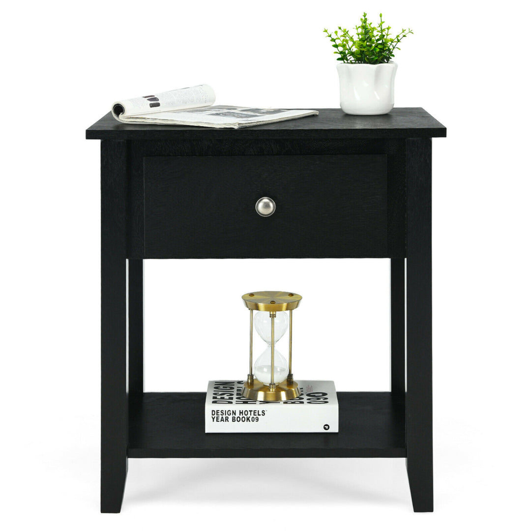 2PCS Nightstand Sofa End Side Table W/ Storage Drawer Bottom Shelf Black Image 5