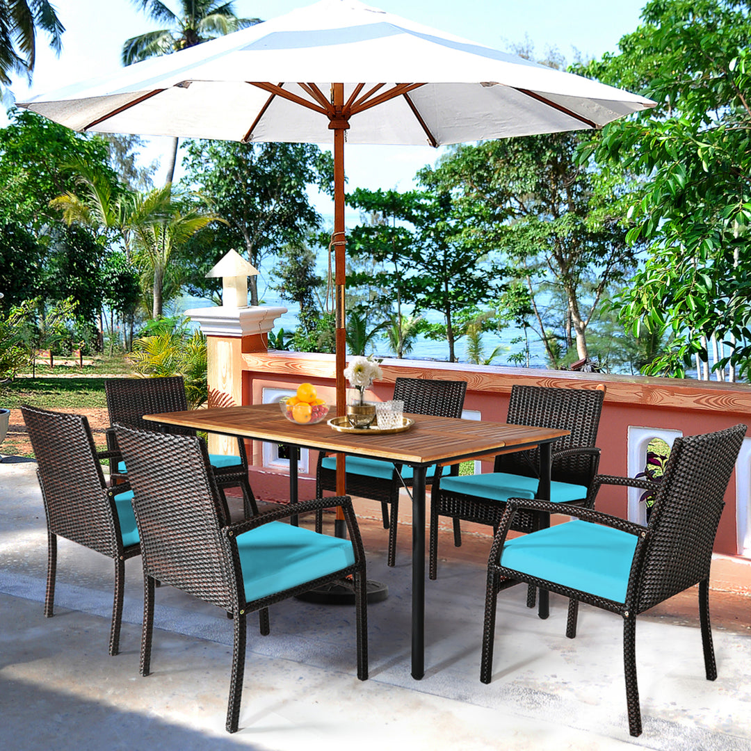 7PCS Patio Dining Furniture Set Yard w/ Wooden Tabletop Turquoise Cushions Image 3