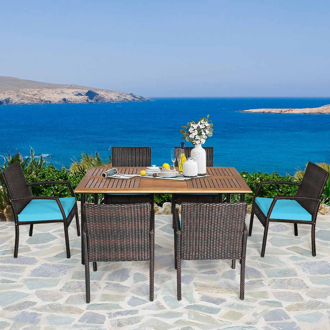 7PCS Patio Dining Furniture Set Yard w/ Wooden Tabletop Turquoise Cushions Image 4