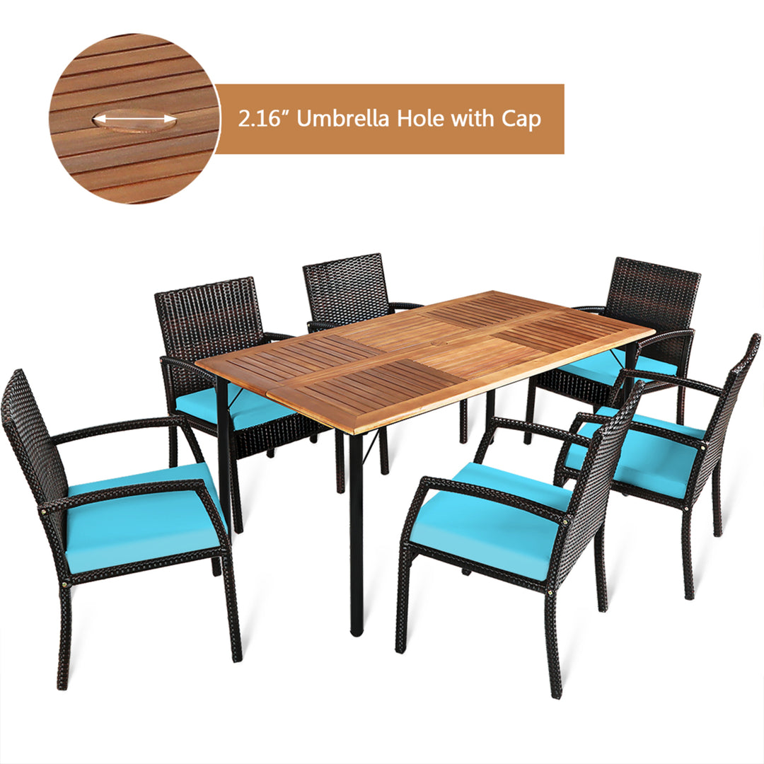 7PCS Patio Dining Furniture Set Yard w/ Wooden Tabletop Turquoise Cushions Image 5