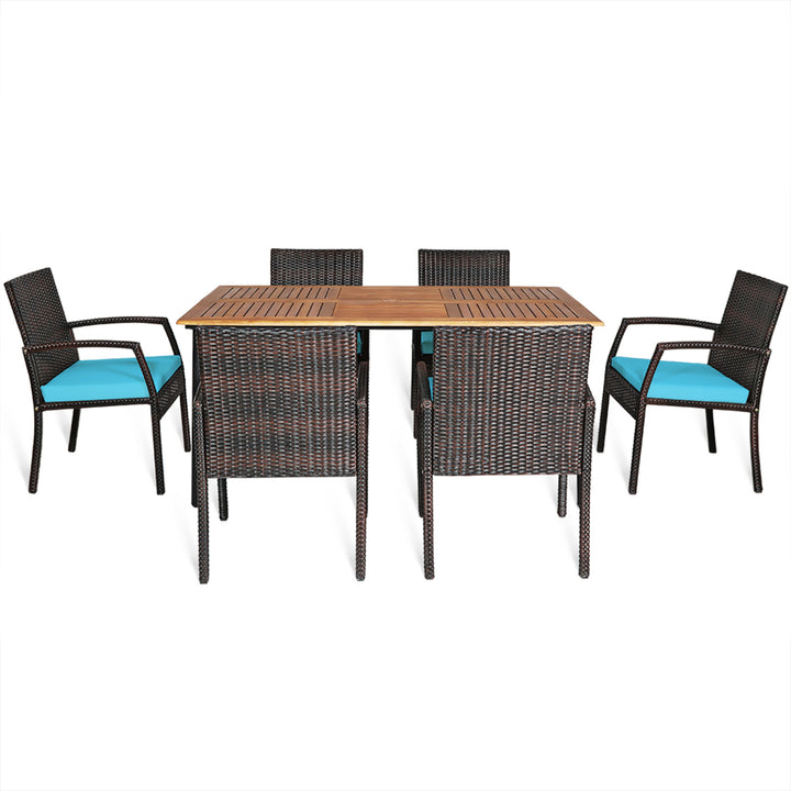 7PCS Patio Dining Furniture Set Yard w/ Wooden Tabletop Turquoise Cushions Image 6