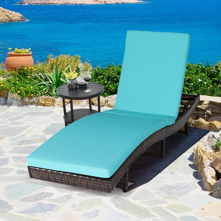 Foldable Patio Rattan Chaise Lounge Chair w/5 Back Positions Turquoise Cushion Image 1