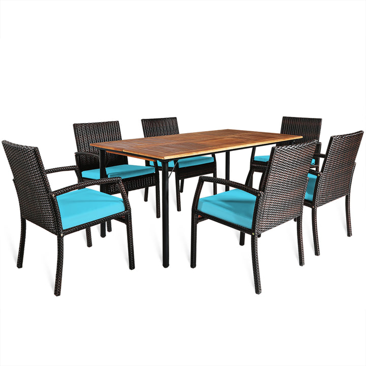 7PCS Patio Dining Furniture Set Yard w/ Wooden Tabletop Turquoise Cushions Image 7