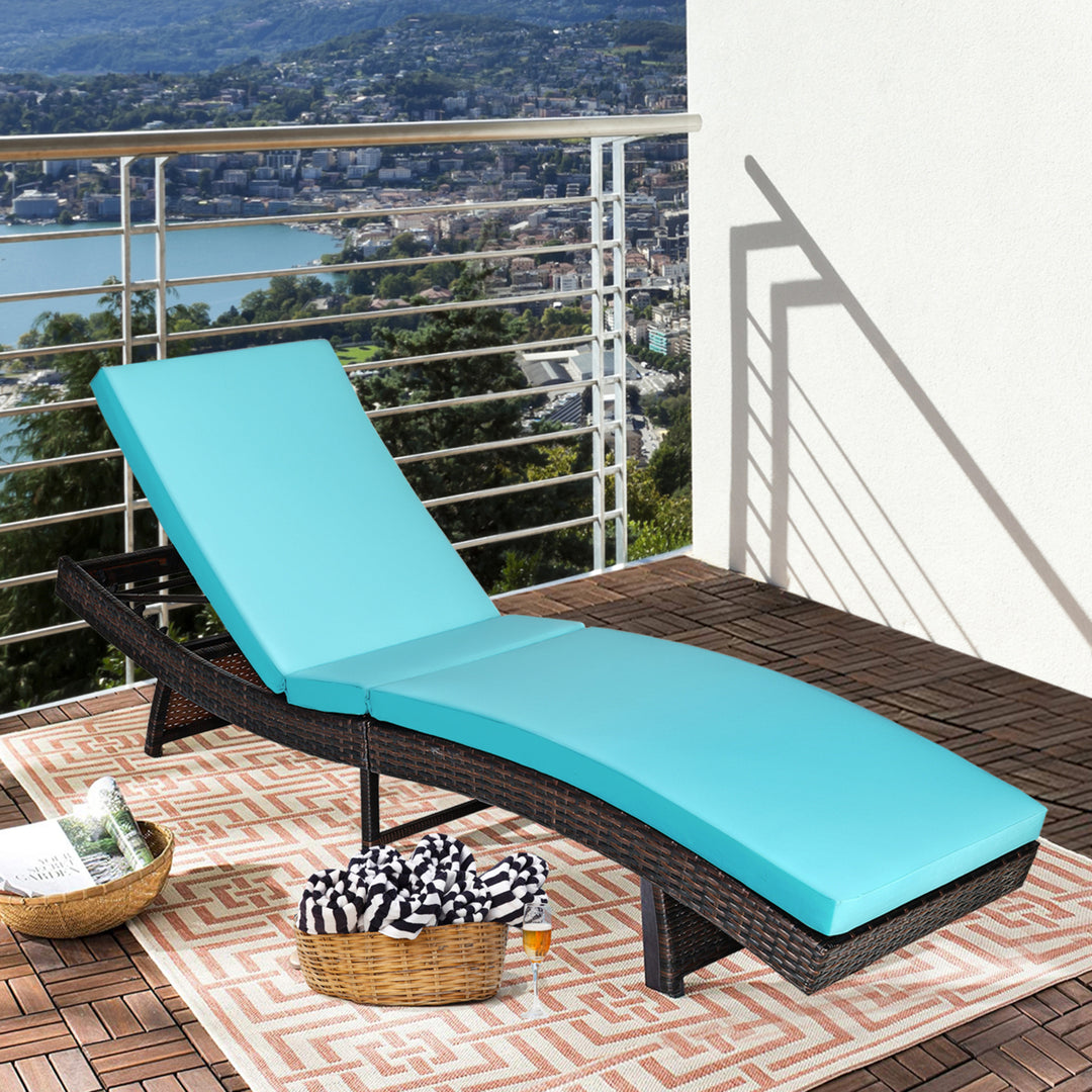 Foldable Patio Rattan Chaise Lounge Chair w/5 Back Positions Turquoise Cushion Image 5