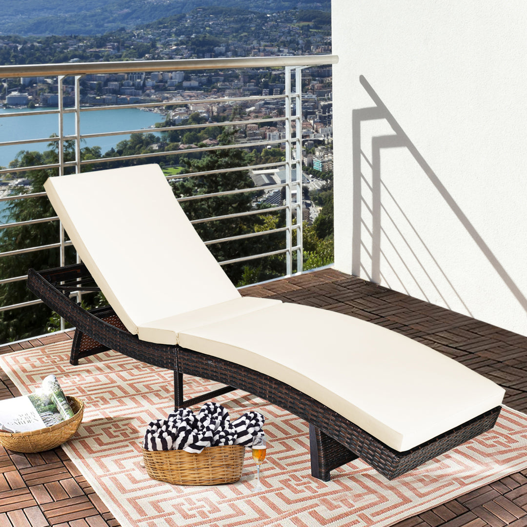 Foldable Patio Rattan Chaise Lounge Chair w/5 Back Positions White Cushion Image 5