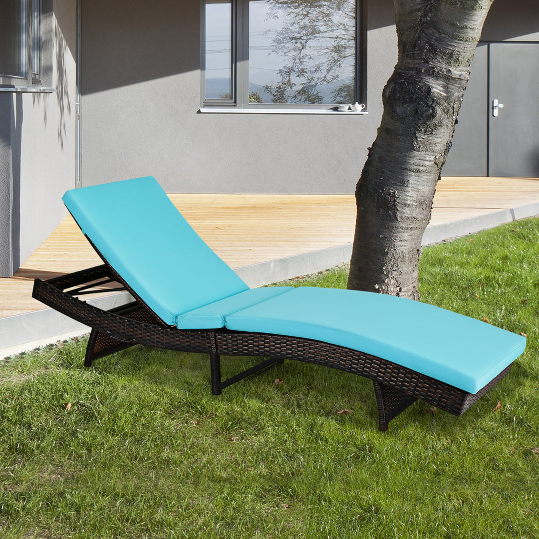 Foldable Patio Rattan Chaise Lounge Chair w/5 Back Positions Turquoise Cushion Image 4