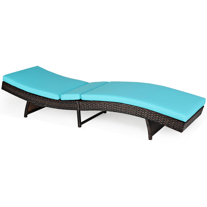 Foldable Patio Rattan Chaise Lounge Chair w/5 Back Positions Turquoise Cushion Image 2