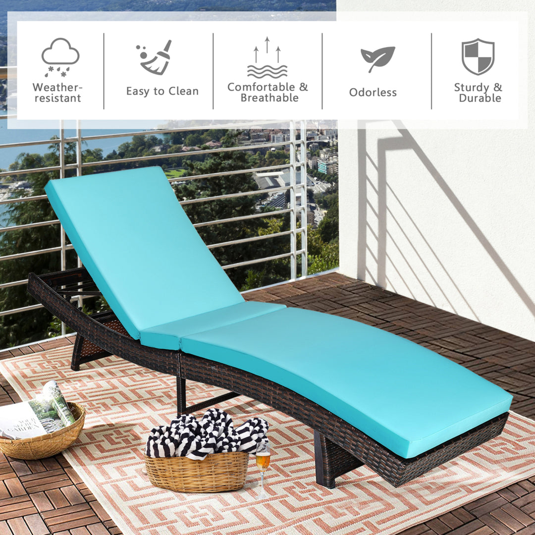 Foldable Patio Rattan Chaise Lounge Chair w/5 Back Positions Turquoise Cushion Image 6