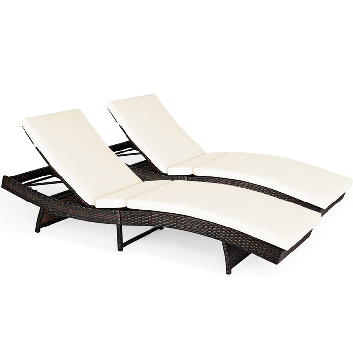 Set of 2 Foldable Patio Rattan Chaise Lounge Chair w/5 Back Positions White Cushion Image 2